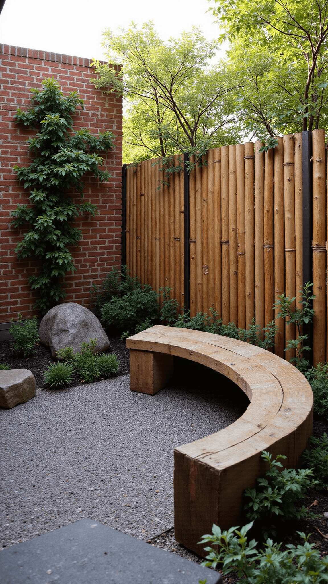 Sustainable courtyard at dawn with bamboo shadows, recycled brick wall with jasmine, reclaimed timber bench, rock water feature, and layered greenery in earth tones.