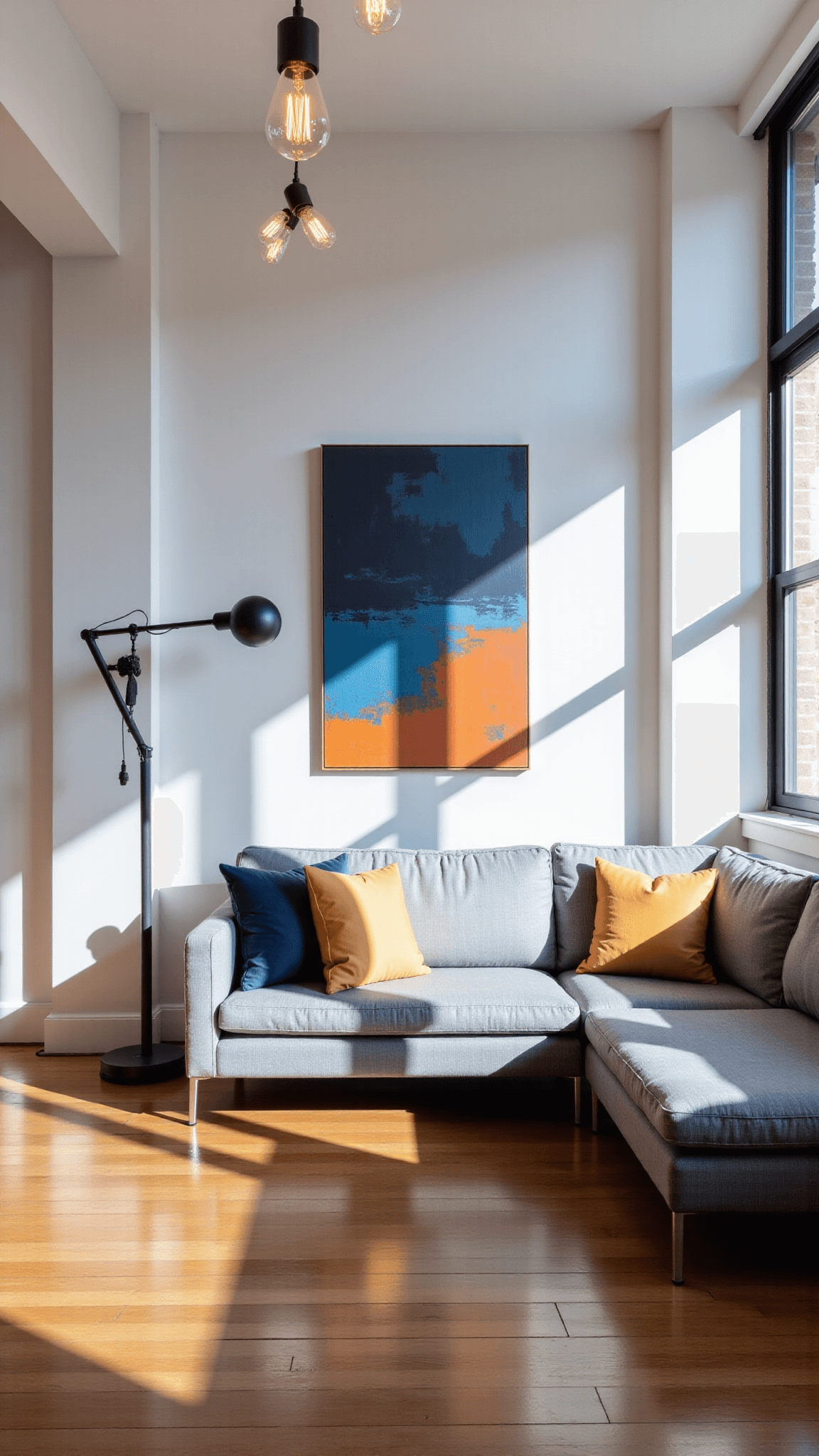 Bright, spacious 400 sq ft urban living room with floor-to-ceiling windows, minimalist gray sectional, matte black metal accents, abstract canvas art, and layered lighting in golden hour sunlight.