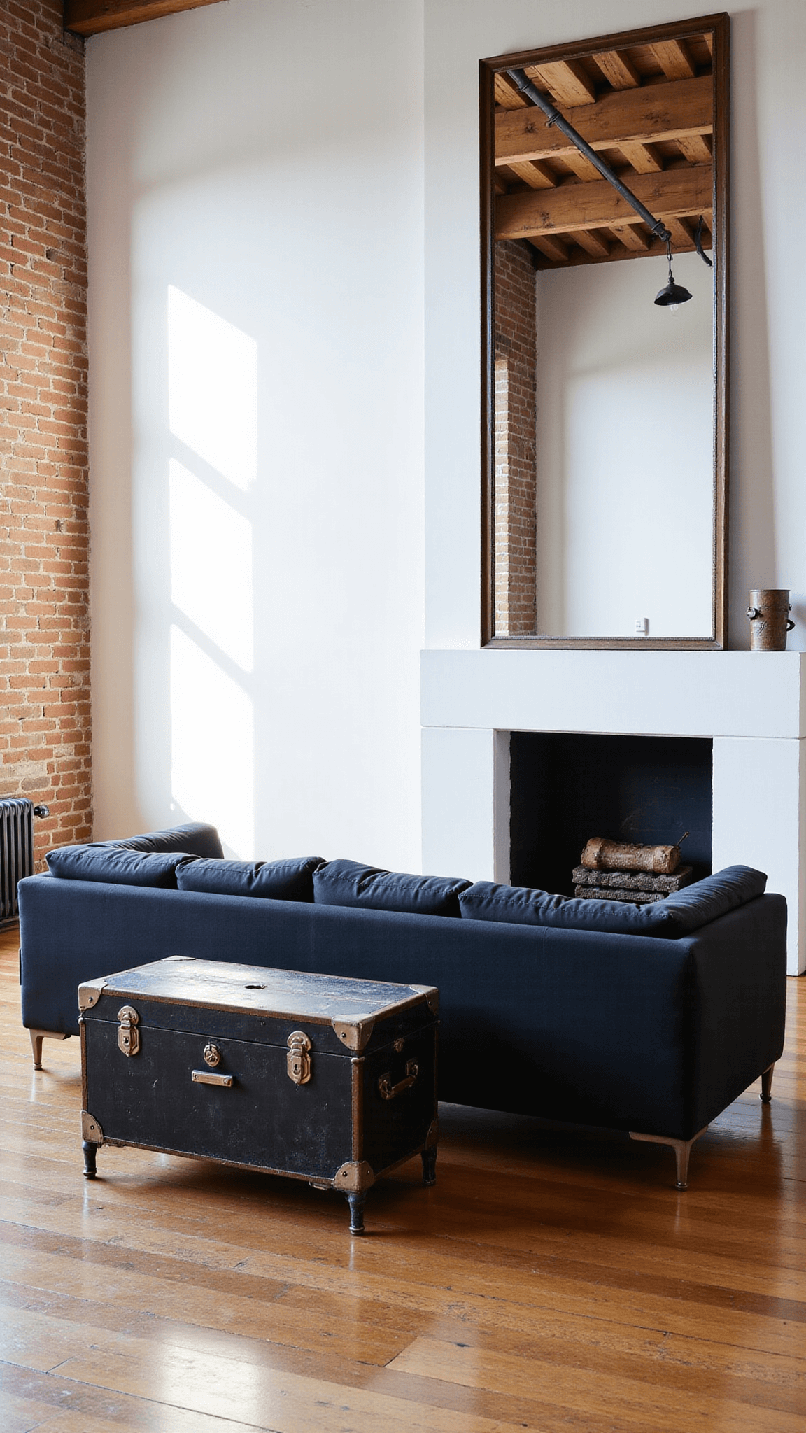 Converted loft space with white brick walls, 15ft ceilings with steel beams, modern charcoal sectional, blackened steel fireplace, vintage trunk coffee table and large mirror reflecting the light of a sun-drenched morning.