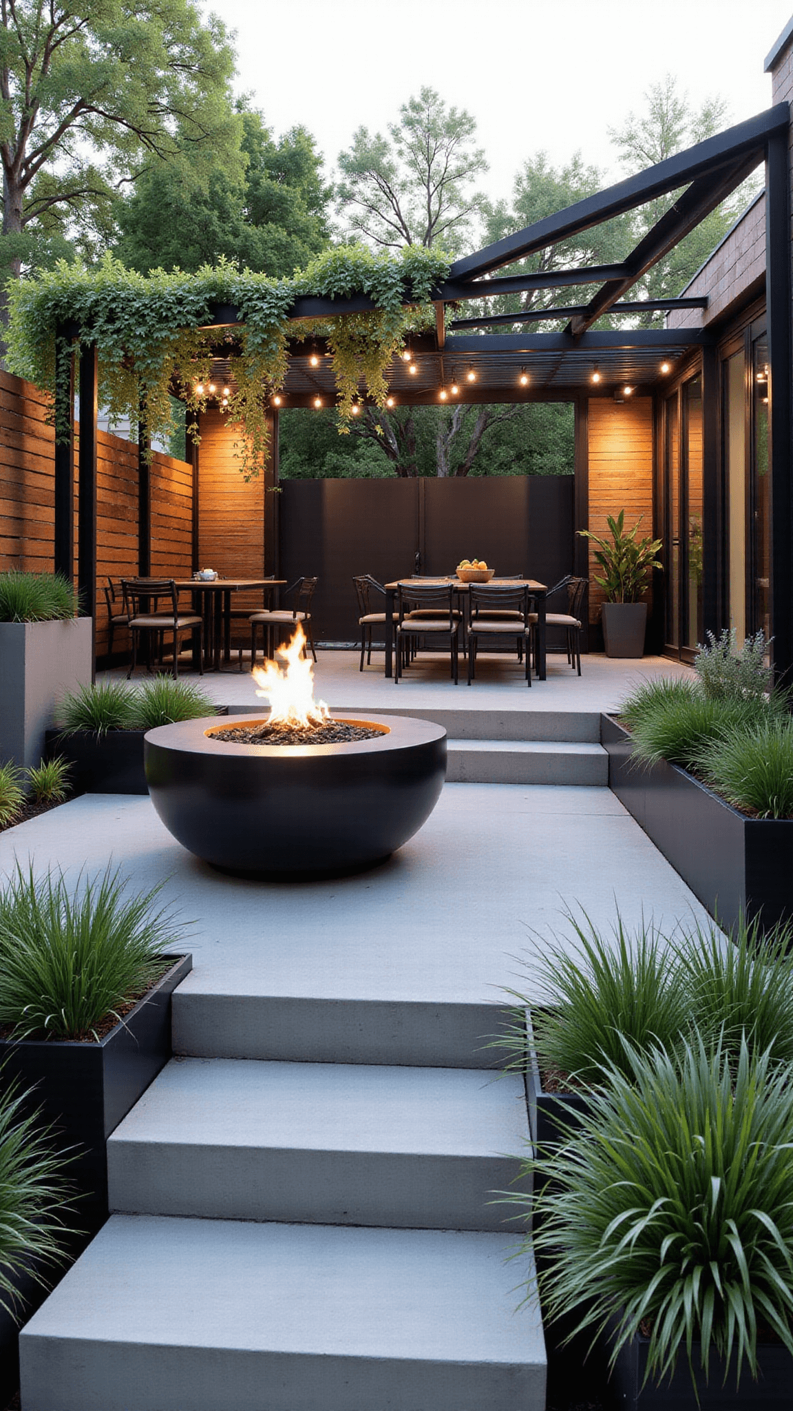 Urban courtyard with concrete platforms, black pergola, fire pit, string lights, and lush planters in afternoon light.