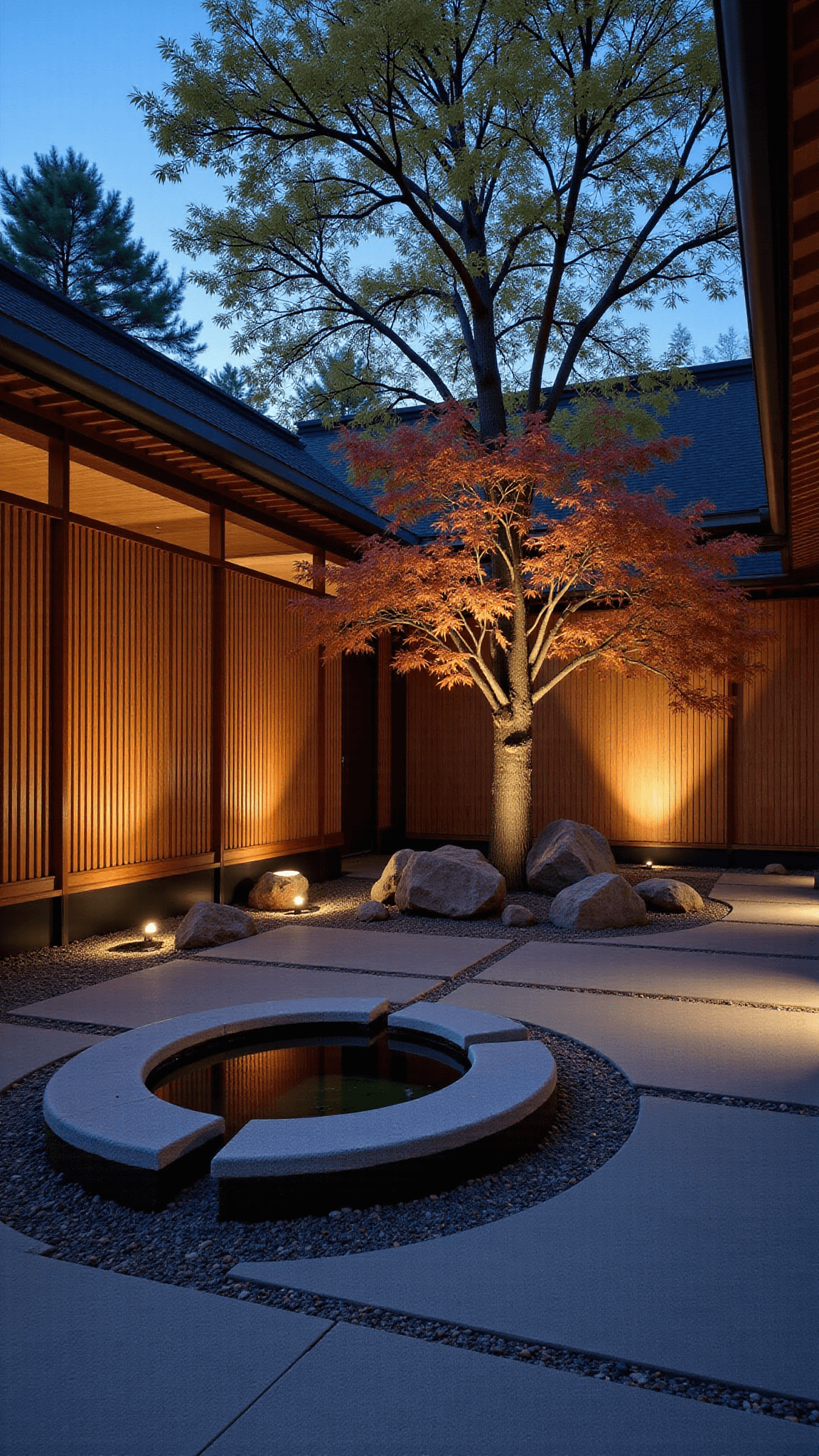 Low-angle view of a serene 80sqm meditation courtyard at dusk with illuminated Japanese maples, smooth concrete pavers, wooden privacy screens, central water basin reflecting the evening sky, sculptural boulders, and zen gravel arrangement.