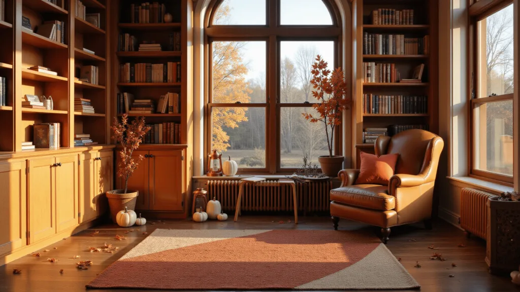 "Cozy autumn-themed classroom reading nook with maple bookshelves, vintage leather armchair, autumn decorations, and warm lighting."