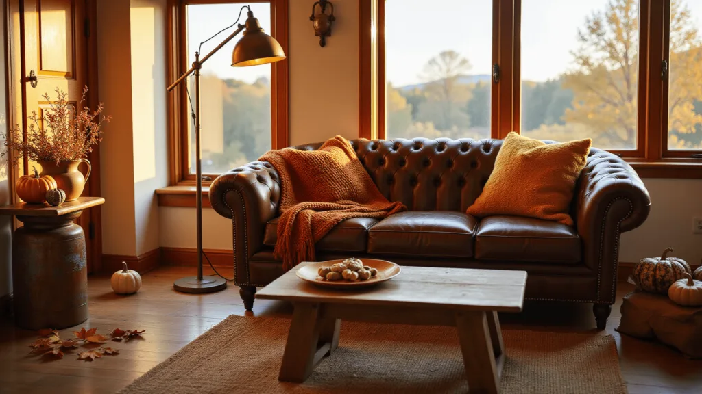 "Cozy living room with golden sunlight streaming through windows, brown Chesterfield sofa with chunky knit throws, brass floor lamp, layered rugs, vintage copper accents and autumn leaves scattered around heirloom pumpkins and a weathered oak coffee table."