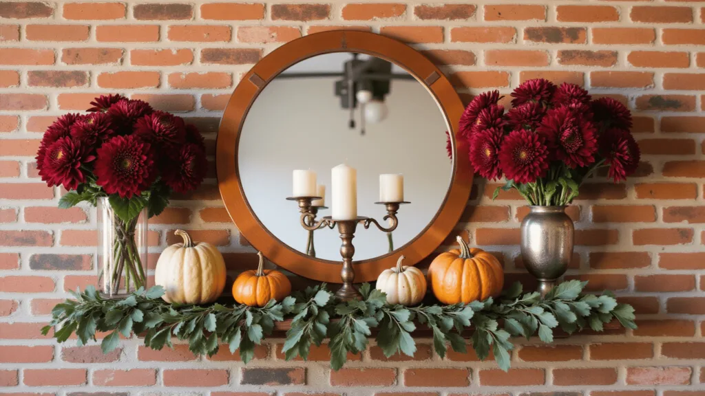 "Vintage fireplace with a copper mirror, burgundy dahlias, heirloom pumpkins, and mercury glass candleholders in golden light"