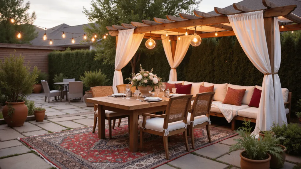 "Dreamy golden hour backyard patio with weathered teak dining table, draped white linen pergola, Edison string lights, Persian rug seating area, terracotta potted plants, and mossy stone flooring"