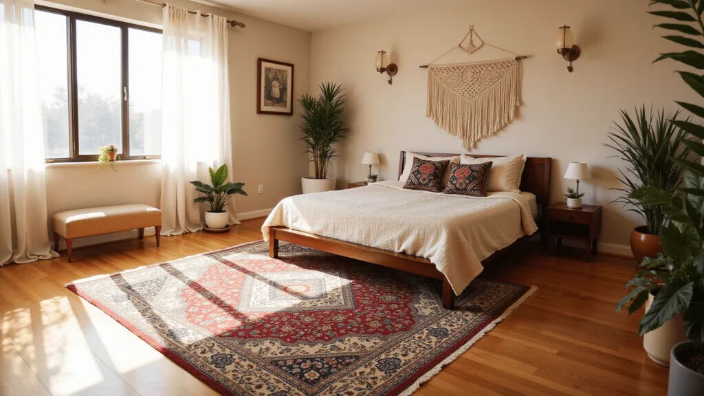 "Sunlit bohemian bedroom with vintage Persian rug, embroidered pillows, macramé wall hangings, and potted plants in warm morning light"