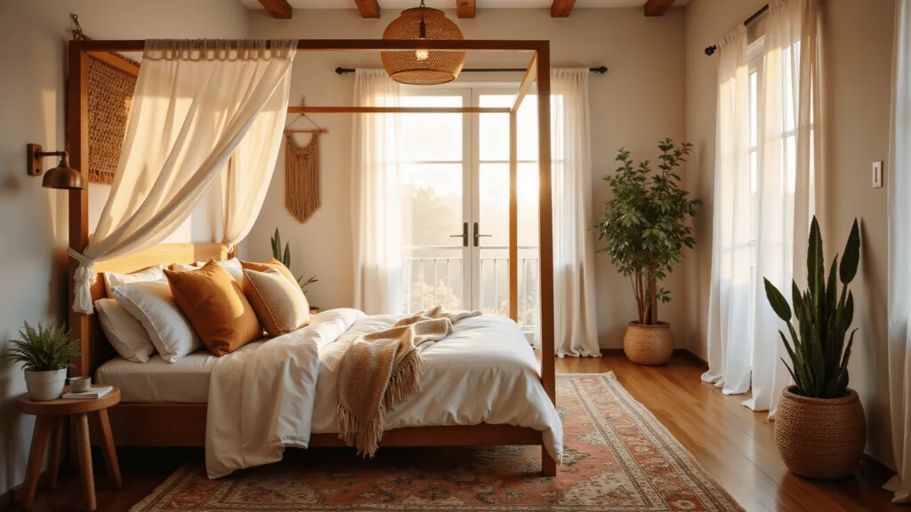 "Sunny boho style bedroom with a wooden canopy bed, white drapes, layered Persian and jute rugs, macramé wall art, and a rattan pendant light"