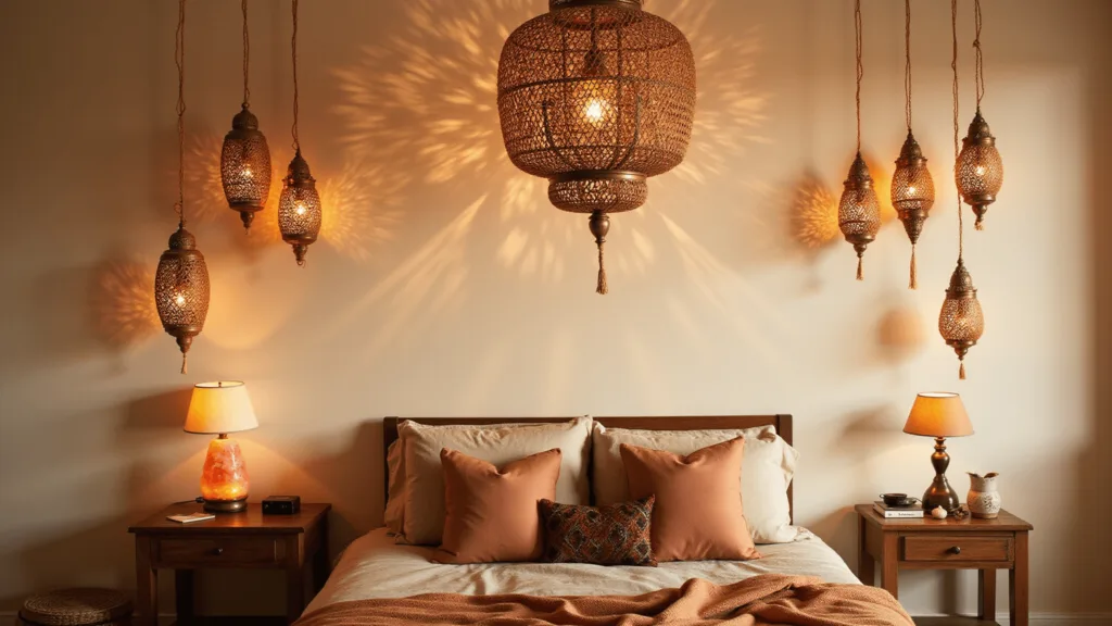 "Boho bedroom with macrame chandelier, rattan pendant lights, Moroccan lanterns and string lights on cream background"