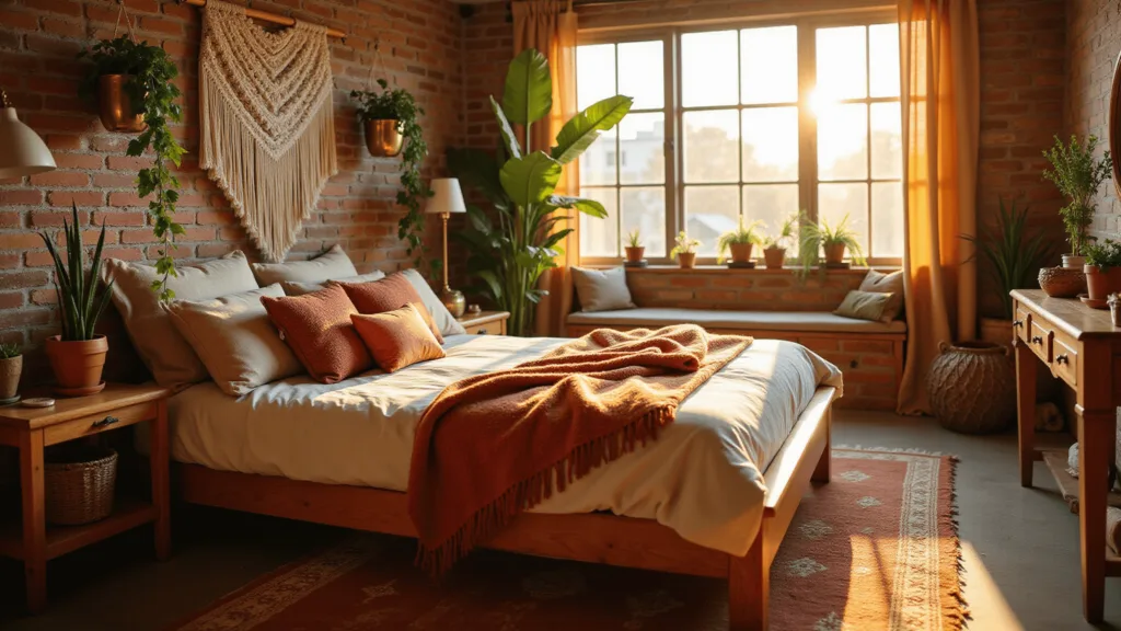 "Bohemian styled bedroom with low platform bed, macrame wall decor, Moroccan rug, and potted plants bathed in warm golden light against an exposed brick wall"