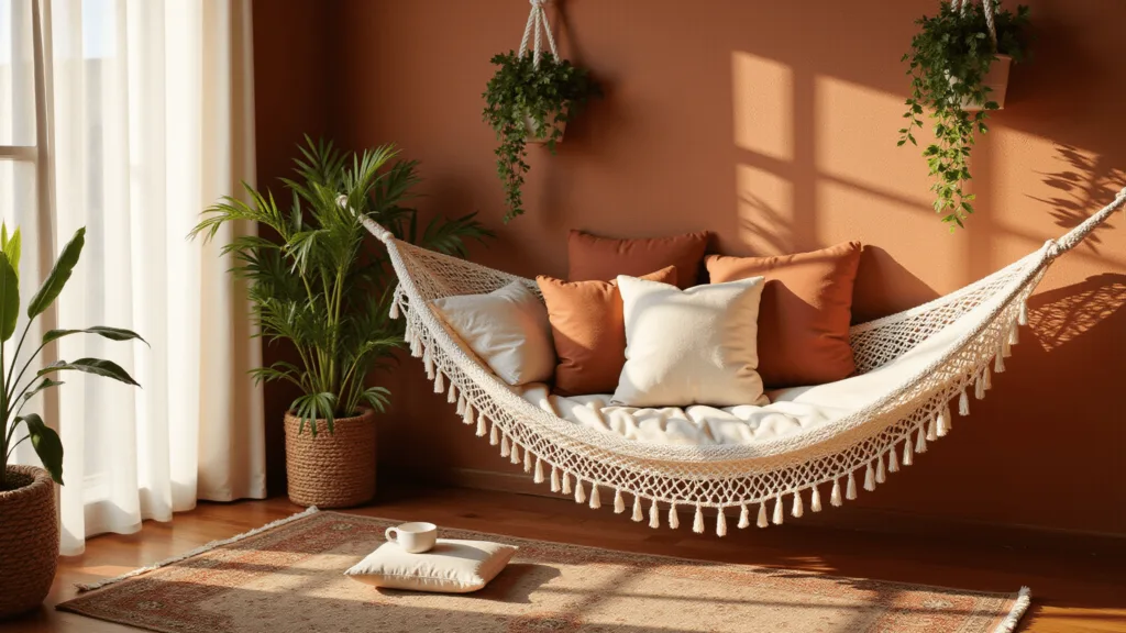 "Bohemian bedroom with white macrame hammock, terra cotta and cream pillows, trailing plants, a Persian rug, and warm sunlight streaming through the windows"