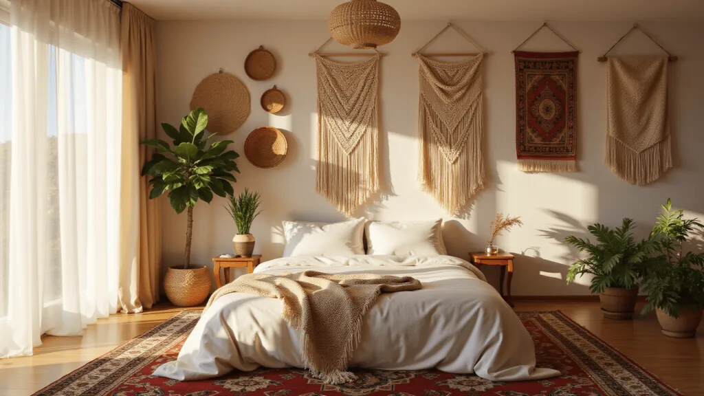 "Bohemian bedroom interior with sunlight, macramé wall hanging, vintage tapestries, woven baskets, potted plants and layered Persian rugs"