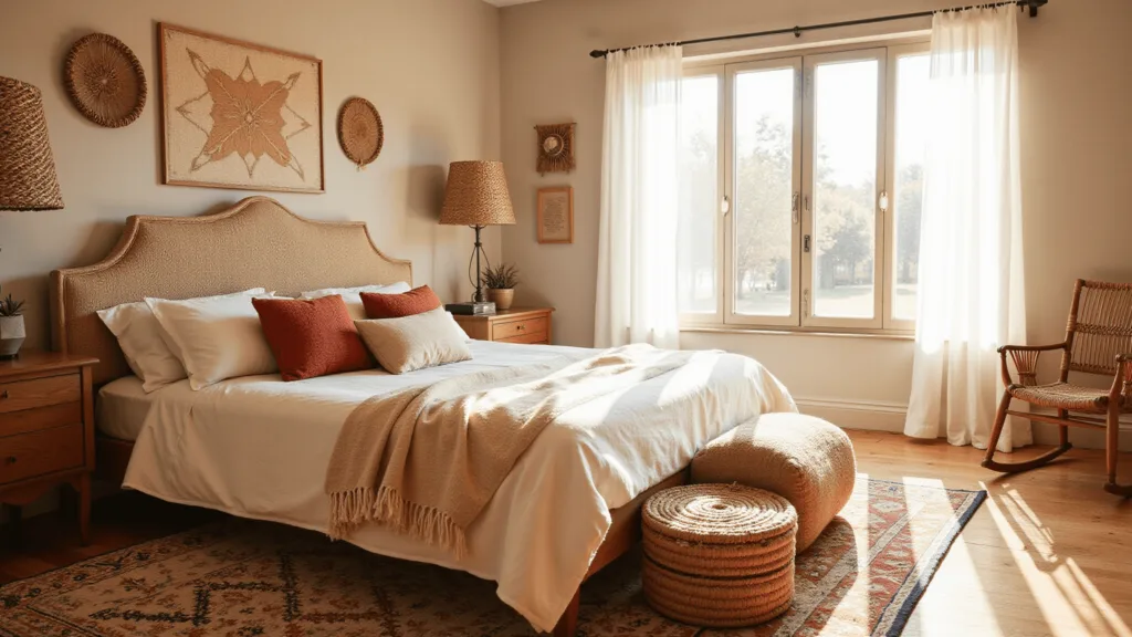 "Sunlit boho bedroom with vintage Moroccan rug, king bed with cream and terracotta textiles, and rattan pendant lamps"