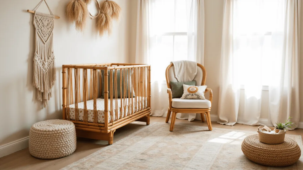 "Sunlit boho nursery with rattan crib, vintage rug, macramé wall decor, and pampas grass arrangements, completed with woven baskets and embroidered cushions"