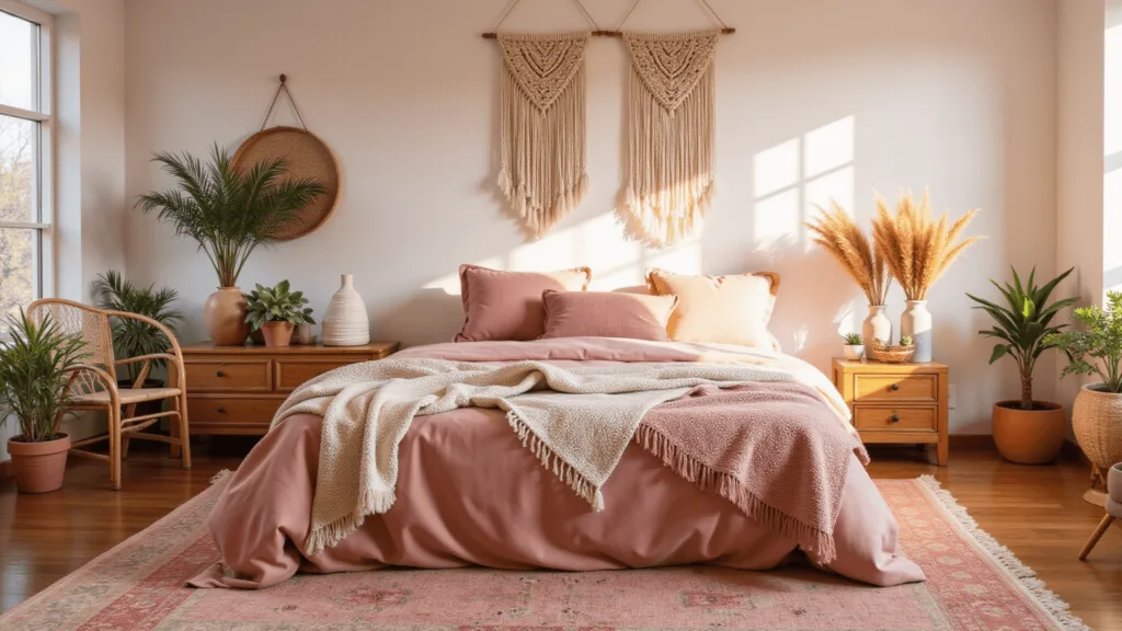 "Boho-inspired bedroom with pink velvet bed, vintage quilts, macramé wall hangings, rattan furniture, potted plants, and warm golden hour light."