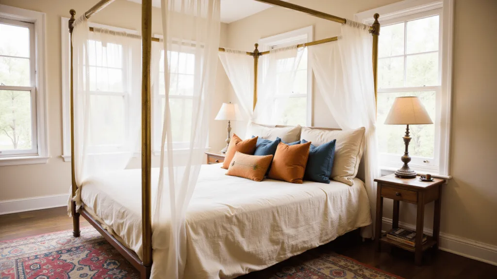 "Sunlit boho bedroom with a vintage brass canopy bed draped in sheer white linens, adorned with rust, ochre and indigo pillows, laid on a Moroccan rug in a serene warm light."