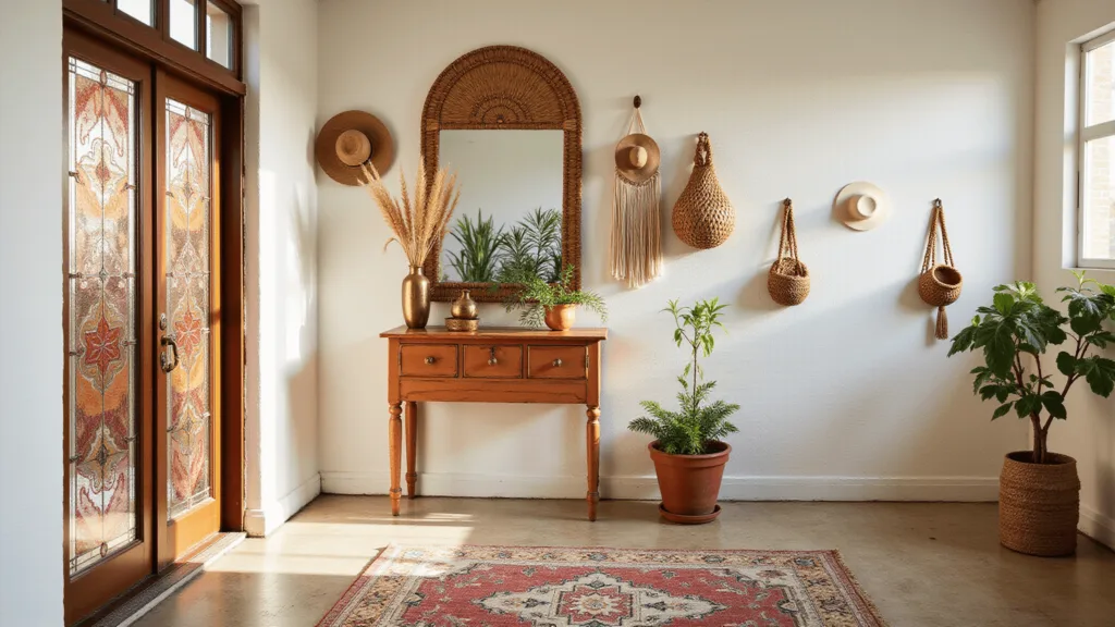"Bohemian style entryway with terracotta table, brass vessels, dried pampas grass, a vintage Turkish runner, large rattan mirror, macrame wall hangings, potted plants, woven baskets and hats in sunlit room with stained glass window"