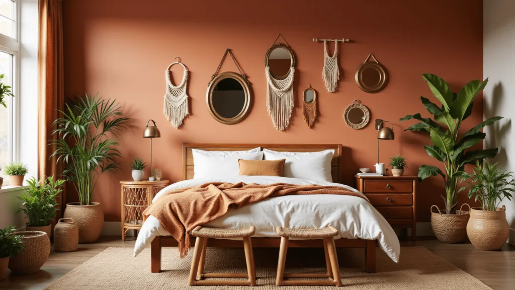 "Bohemian style bedroom with terracotta accent wall, vintage mirrors, macramé decorations, rattan furniture, earth-toned textiles, and potted plants bathed in golden hour lighting."