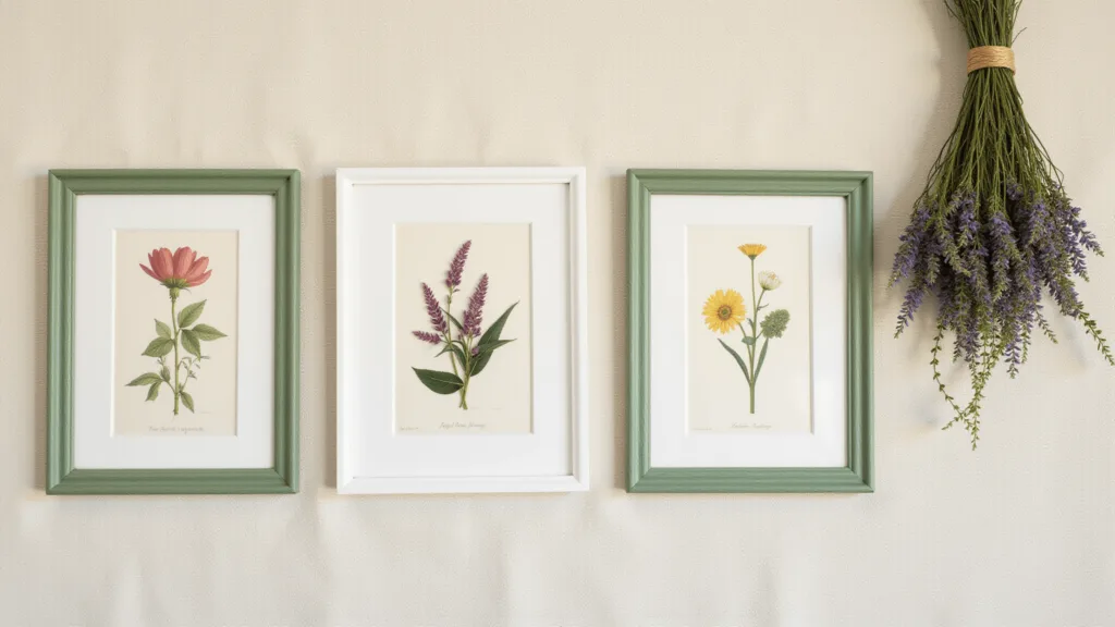 "Vintage botanical prints and pressed flowers in sage green frames on a cream linen backdrop, bathed in golden hour light, complete with trailing ivy and bunches of dried lavender."
