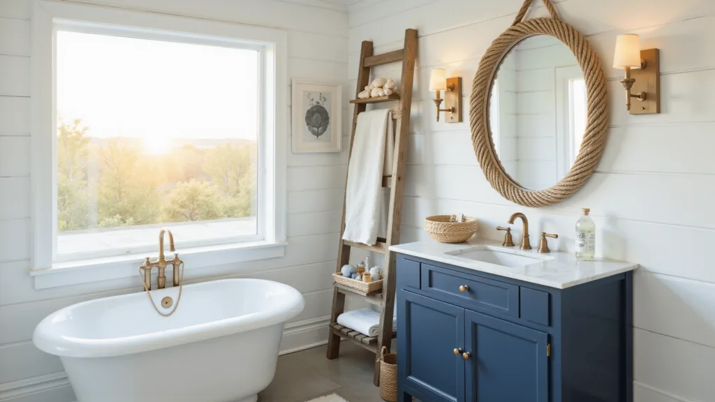 "Coastal bathroom with white shiplap walls, navy vanity, marble countertop, and decorative sea-glass on a teak shelf, bathed in warm natural light"