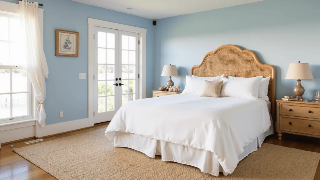 "Coastal bedroom interior featuring a rattan bed with white linens, a jute rug, seashells and driftwood accents on soft blue walls bathed in golden hour light"
