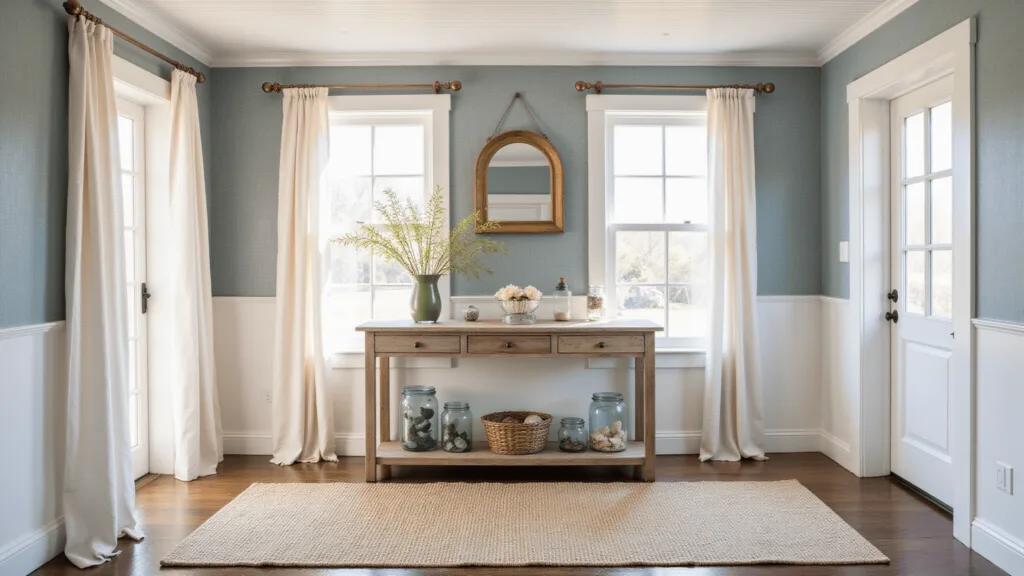 "Bright coastal entryway with white beadboard ceiling, driftwood console table, brass mirror, layered rugs, sea glass in jars, and gray-blue grasscloth wallpaper under natural light."