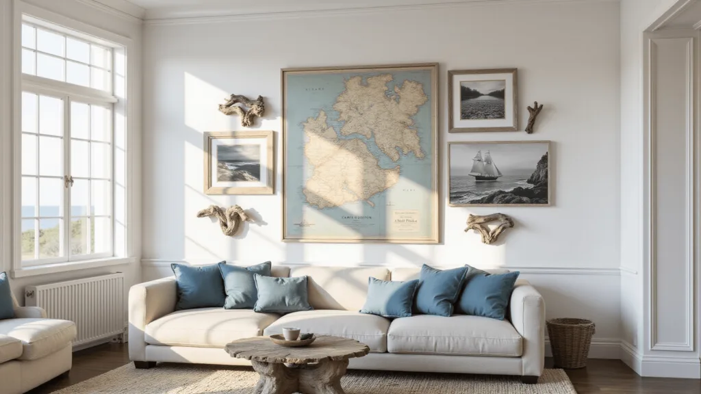"Sophisticated coastal living room featuring a gallery wall with vintage nautical maps, black and white seascapes, and driftwood on a sunlit white wall."