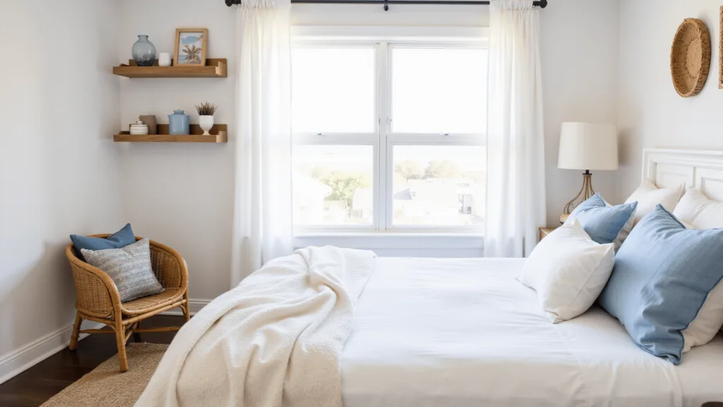 "Cozy coastal minimalist guest room with white linen bed, rattan accents, and natural light streaming through sheer curtains"