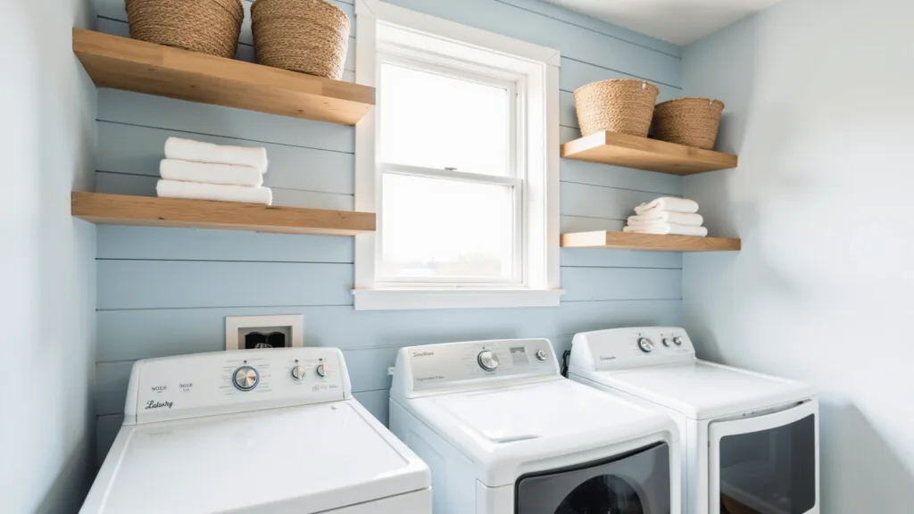 "Minimalist coastal laundry room with white appliances, blue shiplap wall, floating oak shelves, and woven jute baskets"