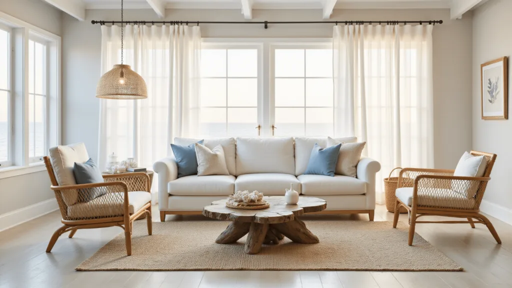 "Bright coastal living room with white linen sofa, rattish chairs, driftwood coffee table and natural light"