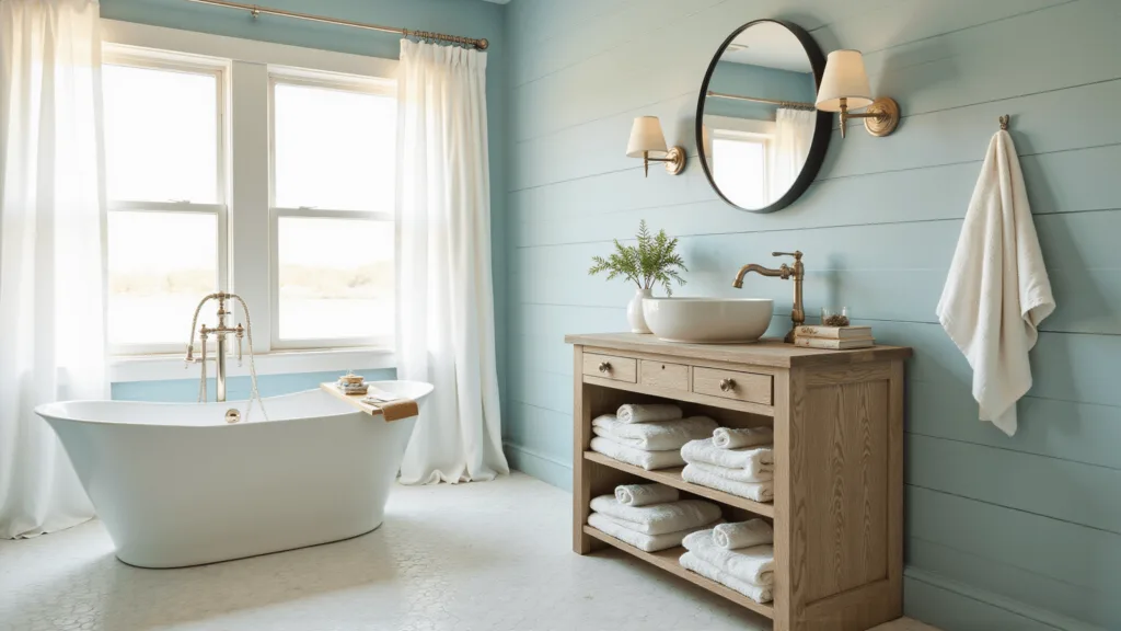 "Sunlit coastal bathroom with white tub, seafoam blue shiplap walls, oak vanity, and marble hex tiles"
