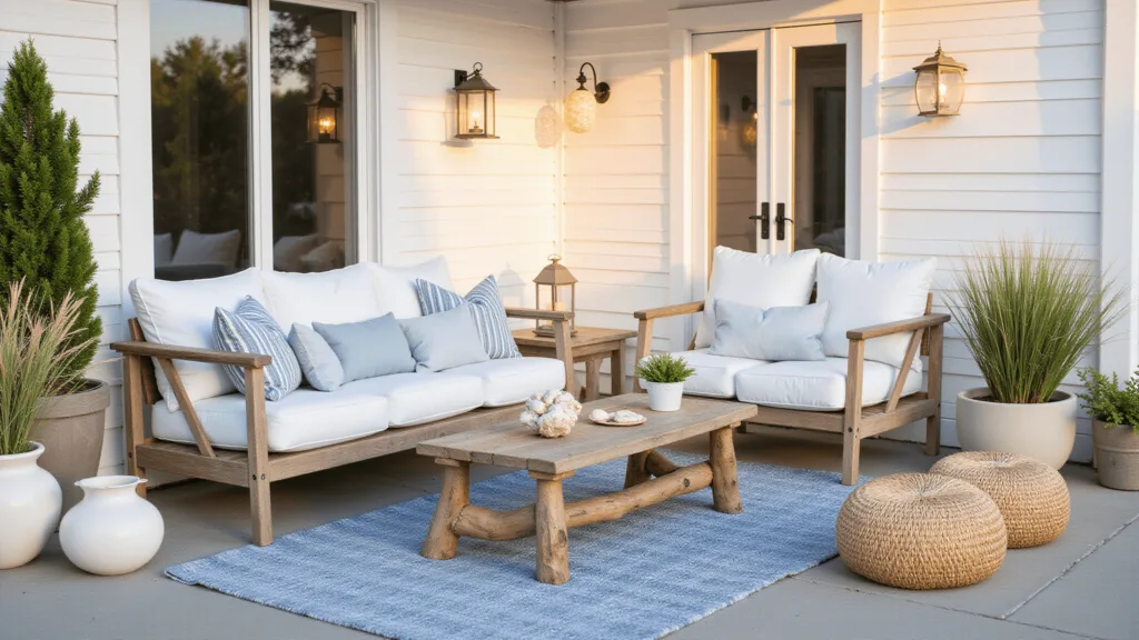 "Coastal patio with weathered teak furniture, white cushions, sandy rugs, rope lanterns, and driftwood accents at sunset."