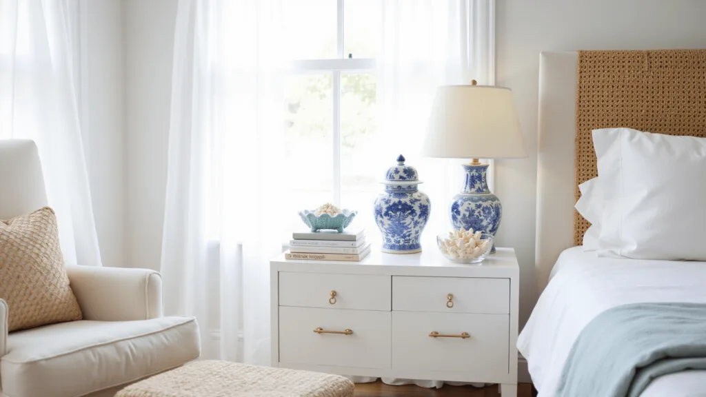 "Coastal preppy bedroom with white lacquered nightstand, blue and white ginger jar lamp, coral decor, and natural light"