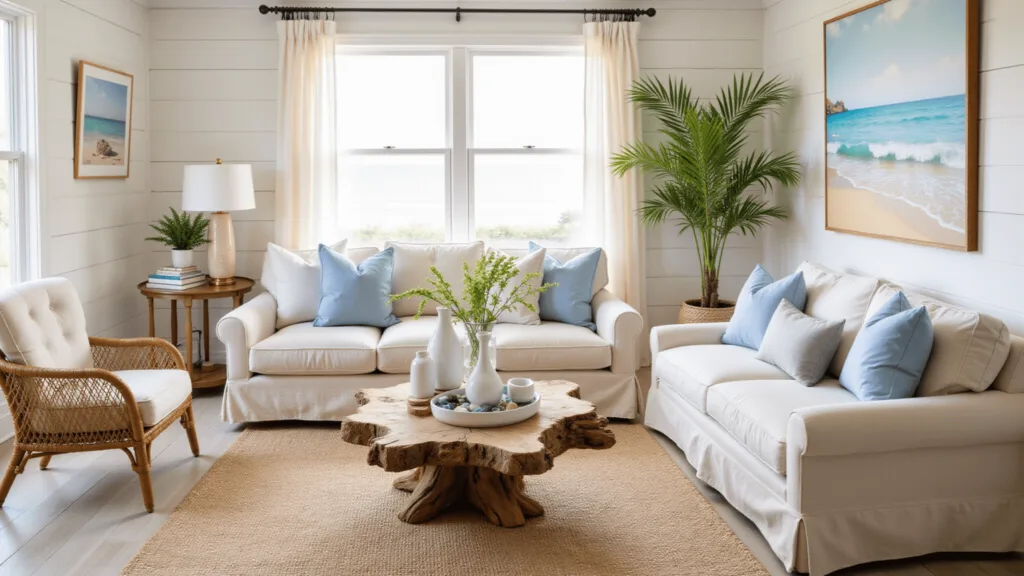 "Coastal living room with cream sofa, rattan chairs, and layered jute rugs, adorned with ocean photography, blue throw pillows, and driftwood coffee table with sea glass collections under dreamy, ethereal lighting."