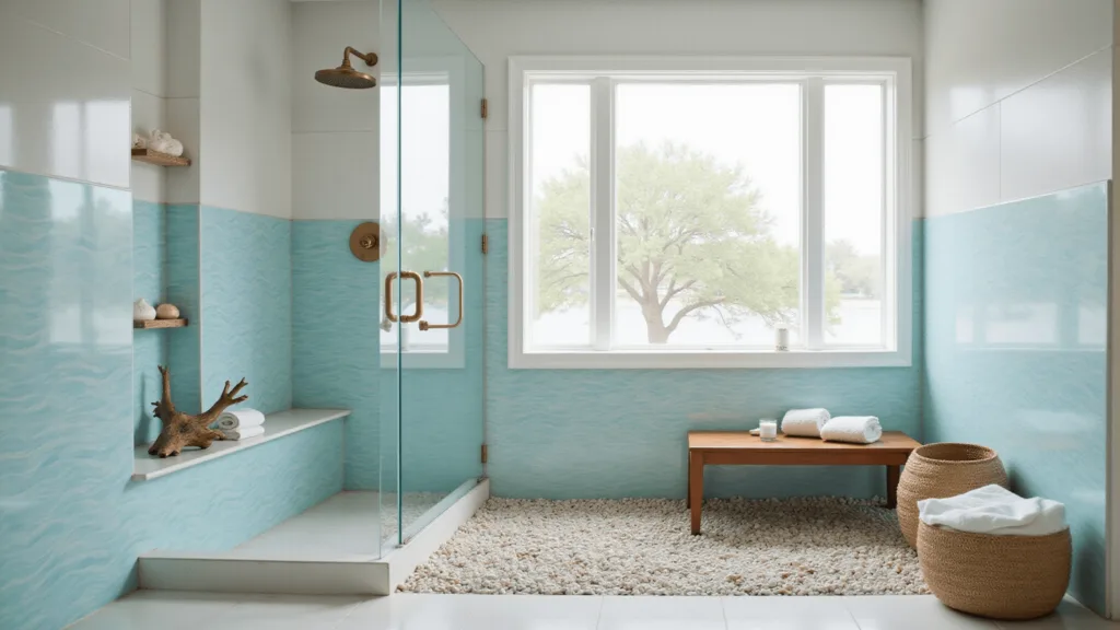 "Luxurious coastal bathroom with cerulean blue wave-patterned tiles, white marble walls, pebble floor, and natural light streaming through a frosted window"