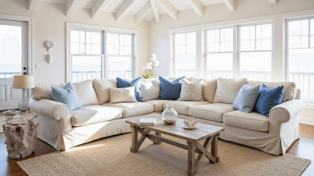 "Bright and airy coastal living room with white-beamed ceilings, blue and beige décor, a driftwood coffee table, and coral decorations, bathed in sunlight"