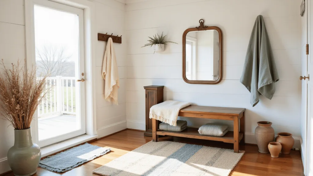 "Sunlit cottage entryway with antique furniture, layered rugs, and floral accents in warm, earthy tones"