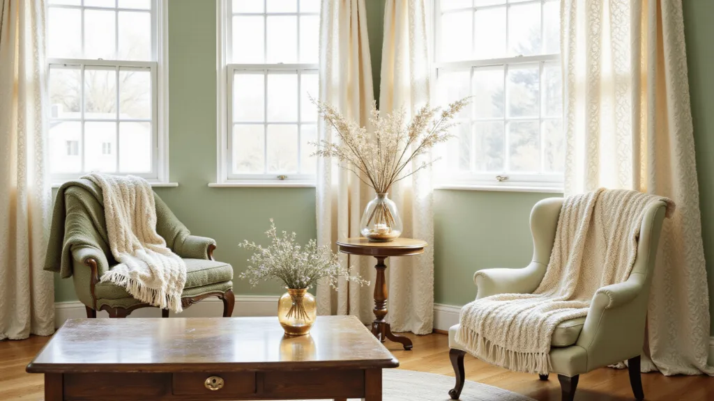 "Cottagecore living room with vintage decor bathed in soft sunlight, featuring sage green walls, cream furnishings, and brass vases with dried wildflowers."