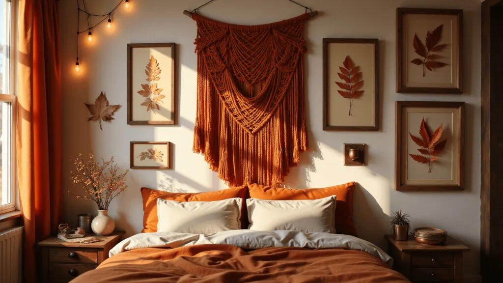 "Cozy autumn-themed bedroom with vintage frames of pressed leaves, orange macrame wall hanging, rustic textures, and warm sunset glow."