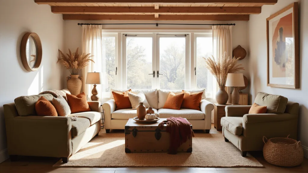 "Cozy living room with autumn decor featuring a cream sofa, green velvet chair, vintage trunk coffee table, kilim rug, and fall-themed accents in warm tones."