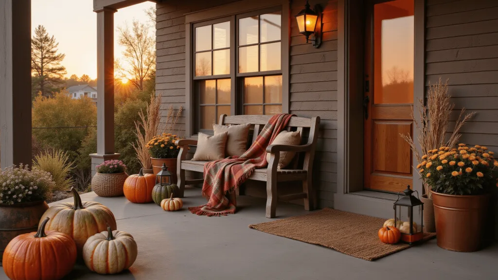 "Cozy autumn porch with vintage bench, heirloom pumpkins, copper lanterns and chrysanthemums bathed in warm sunset light"