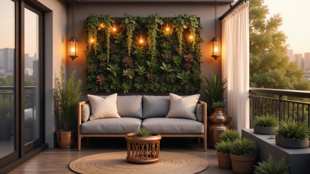 "Bohemian-styled urban balcony with grey loveseat, vertical garden wall, copper string lights, Moroccan lanterns, and city skyline in the background at sunset"