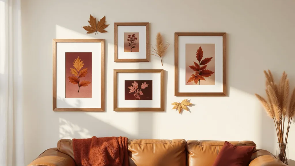 "Autumnal gallery wall with copper and gold frames showcasing nature prints, accented by dried wheat arrangements, and a cognac leather sofa with rust-colored blanket beneath."