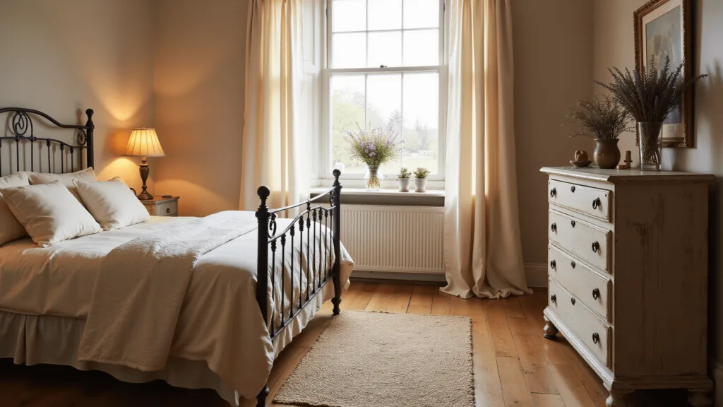 "Cottagecore bedroom in warm golden hour light with vintage iron bed, cream linens, dried flowers on a weathered dresser, gauzy curtains by a bay window and a vintage brass lamp"