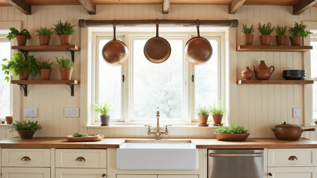 "Sunlit cottage kitchen with wooden beams, vintage copper pots, fresh herbs, and cream beadboard walls"