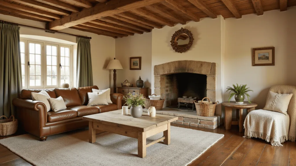 "Cosy country cottage living room with exposed beams, a brown leather sofa, stone fireplace, and rustic décor, bathed in the golden hour sunlight."