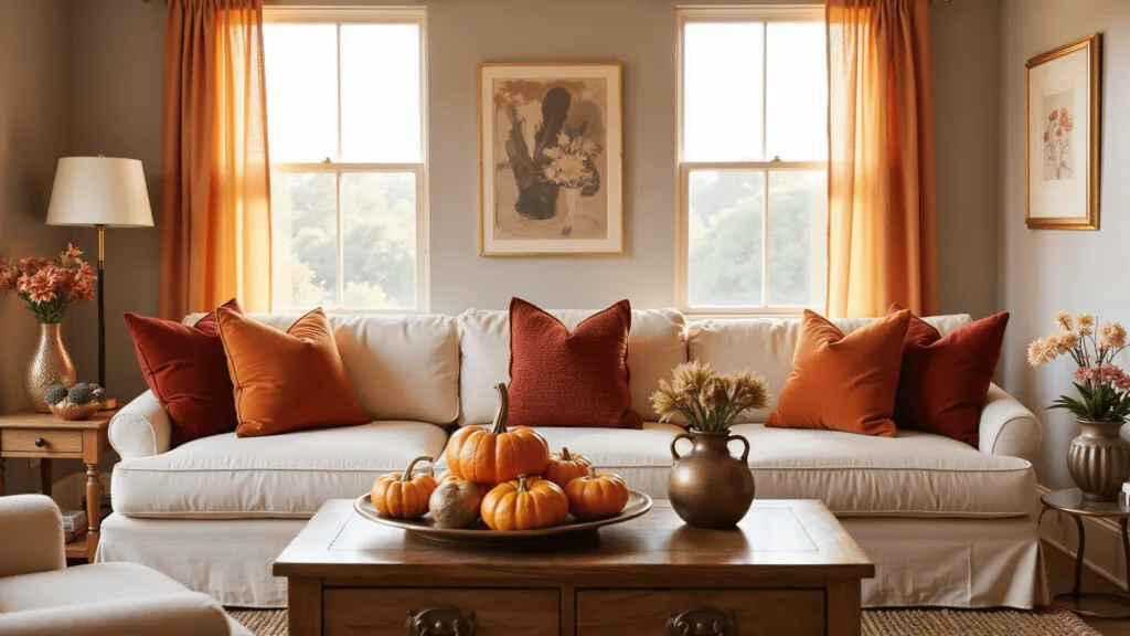 "Cozy living room with warm autumn tones, velvet throws, pumpkins, and soft lighting"