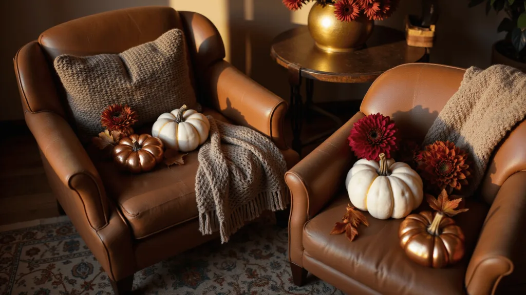 "Cozy autumn living room with leather armchair, warm lighting, ceramic pumpkins, dried oak leaves, and burgundy dahlias, all set on Persian rug and around oak table."