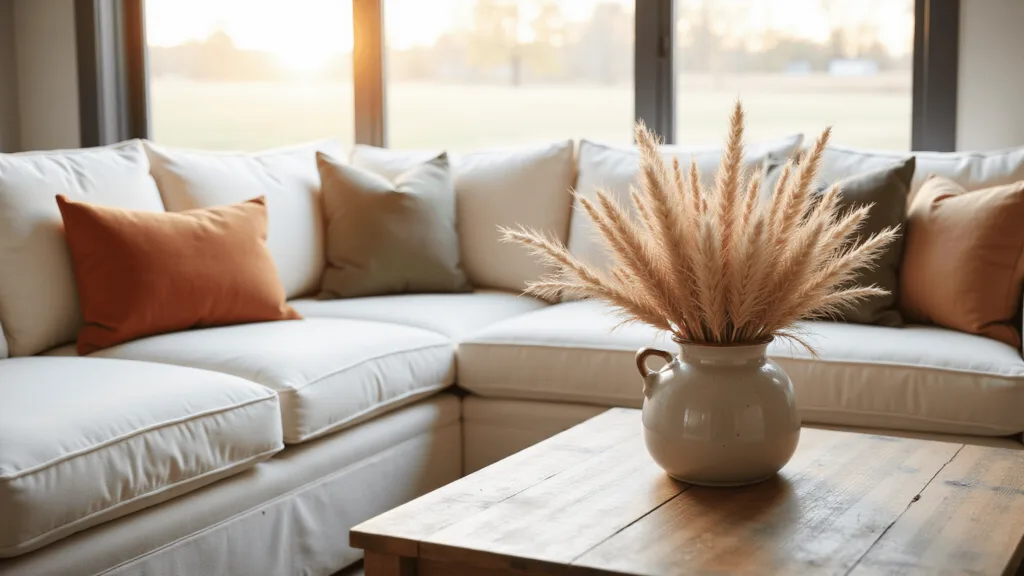 "Sunlit modern farmhouse living room with cream sectional sofa, fall-colored pillows, weathered oak coffee table, ceramic vase with dried pampas grass in golden hour light"