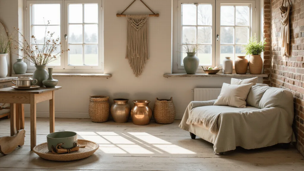 "Sunlit rustic farmhouse interior with vintage furniture, ceramic vases with wildflowers, and soft green and cream linen textiles"