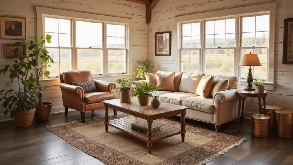 "Cozy farmhouse living room at sunset with whitewashed walls, vintage furniture, and warm lighting"